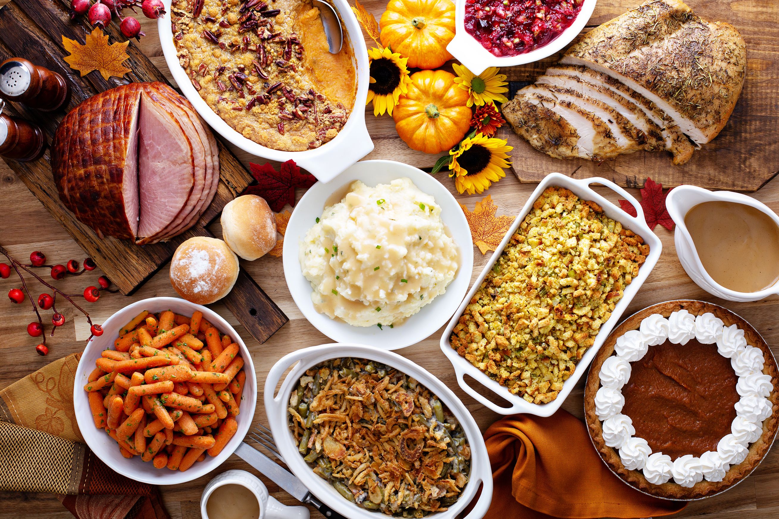 table covered with traiditional Midwest Thansksgiving food