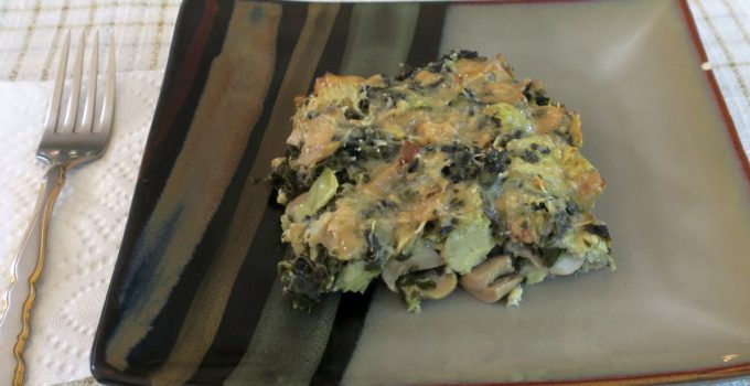 one serving of artichoke spinach mushroom bake on a plate