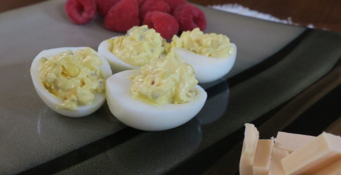 deviled eggs with smoked Gouda and raspberries