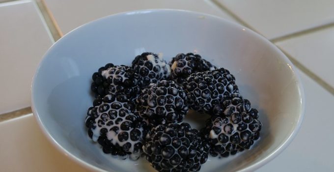 dish of black berries in cream poured over