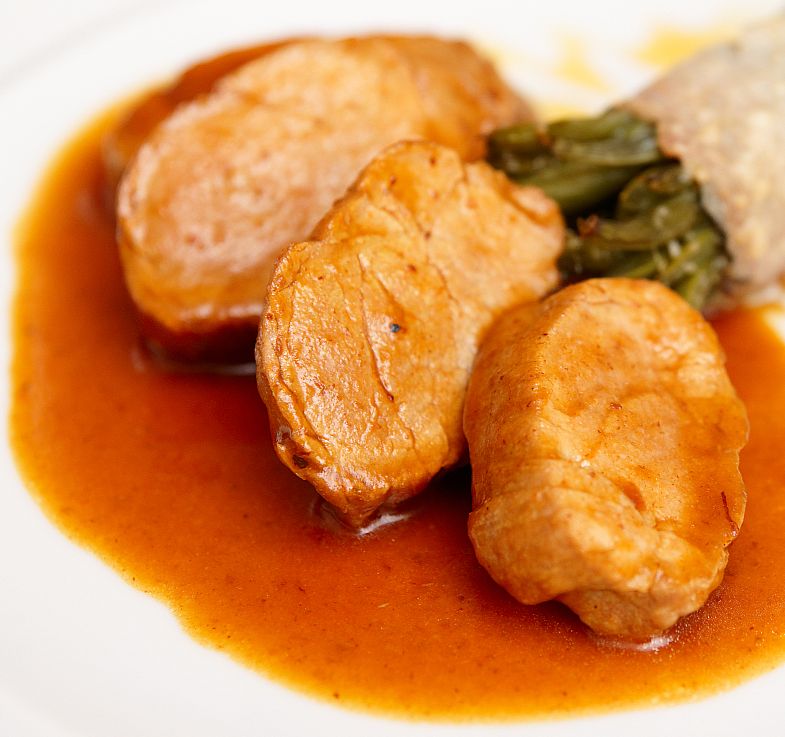 close-up of braised pork chop