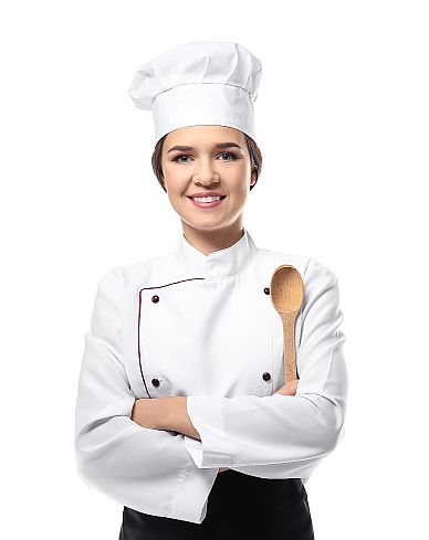 Portrait of female chef with wooden spoon on white background