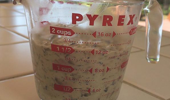 gluten-free low-carb cream of mushroom soup in a measuring cup