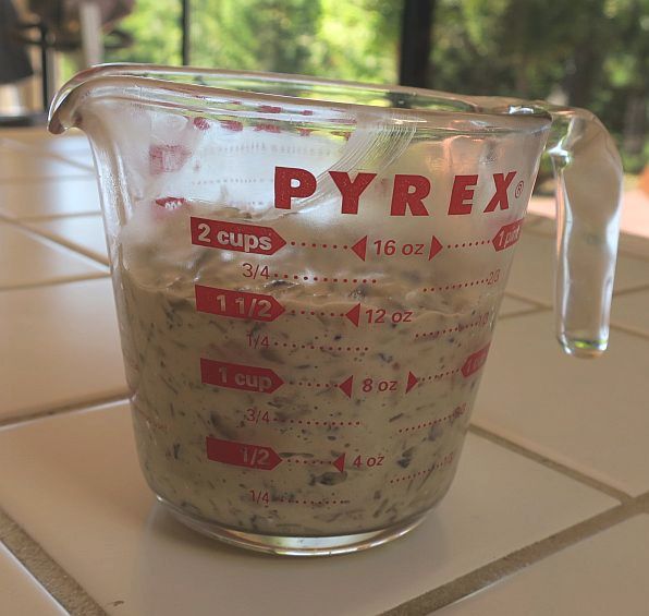 gluten-free low-carb cream of mushroom soup in a measuring cup