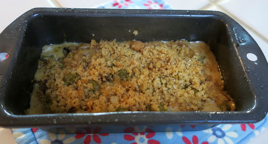 low-carb green bean casserole in a baking pan